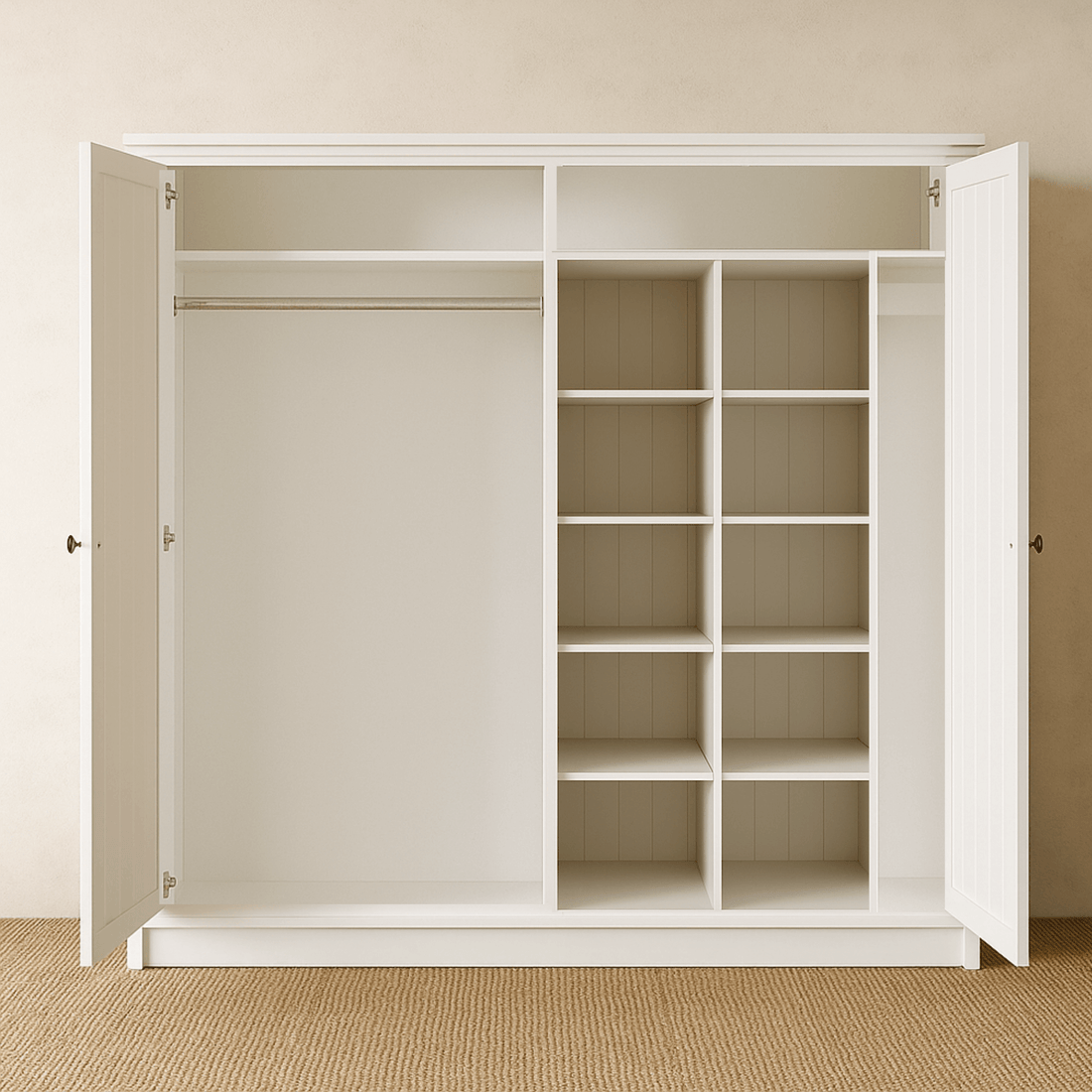 White wardrobe with open doors in a room with beige walls and carpet.
