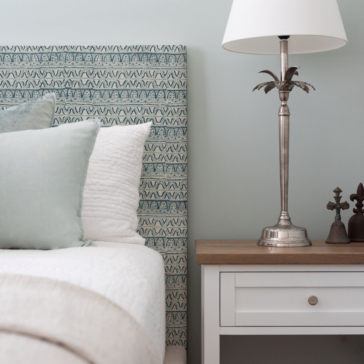 Custom Bedhead - Double Bedroom Furniture Beachwood Designs Upholstered Walter G - Printed Linen Corfu Azure