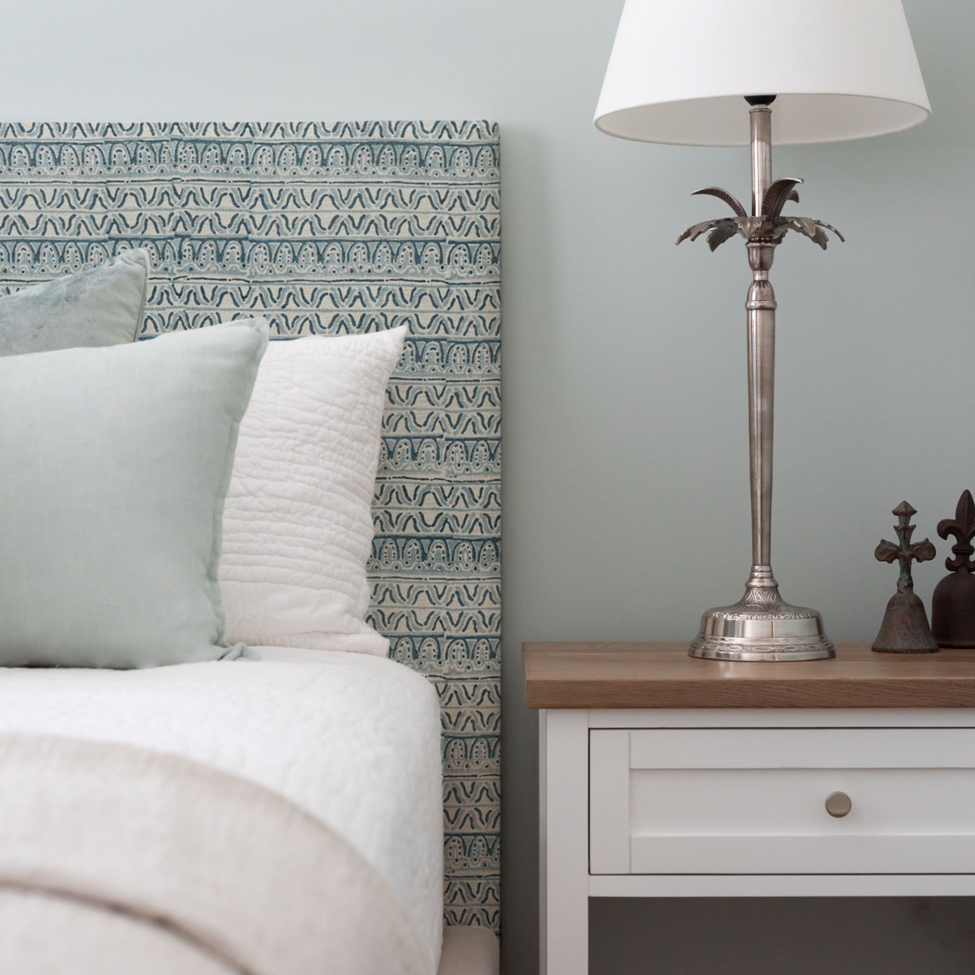 Custom Bedhead - Double Bedroom Furniture Beachwood Designs Upholstered Walter G - Printed Linen Corfu Azure