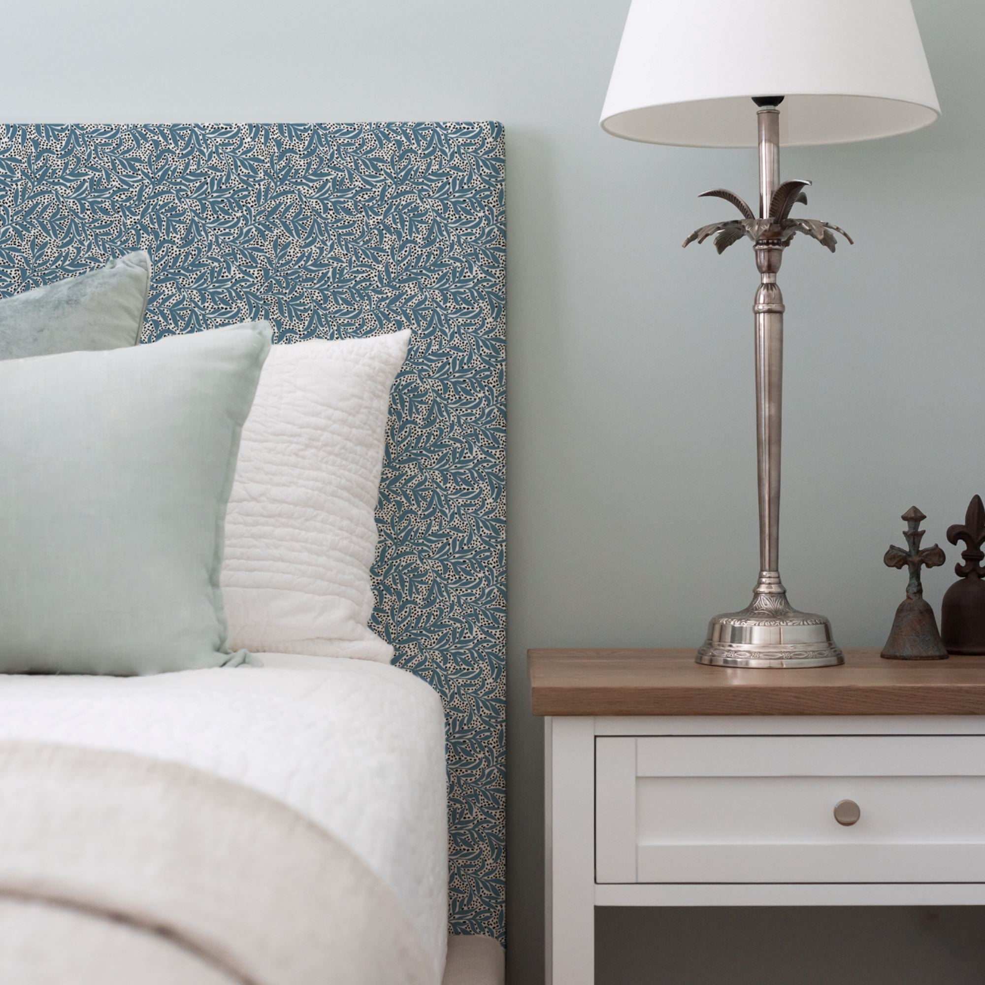 Custom Bedhead - Double Bedroom Furniture Beachwood Designs Upholstered Walter G - Printed Linen Granada Denim