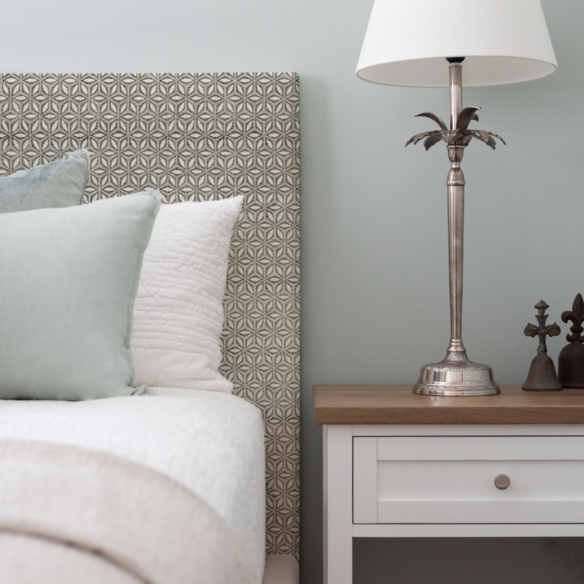 Custom Bedhead - Double Bedroom Furniture Beachwood Designs Upholstered Walter G - Printed Linen Hanami Chalk