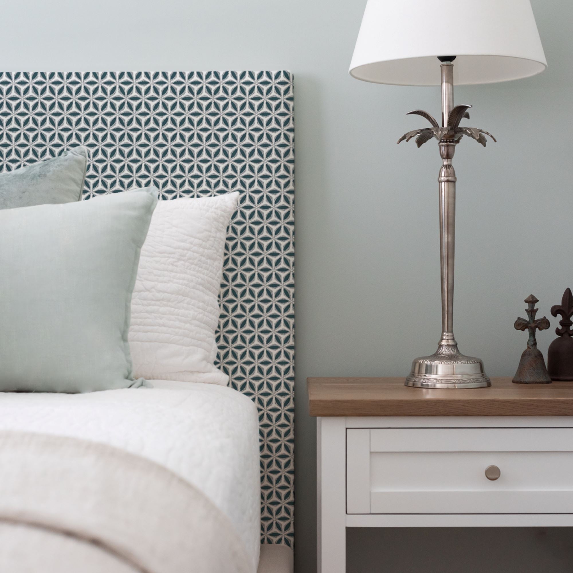 Custom Bedhead - Double Bedroom Furniture Beachwood Designs Upholstered Walter G - Printed Linen Hanami Pacific Blue