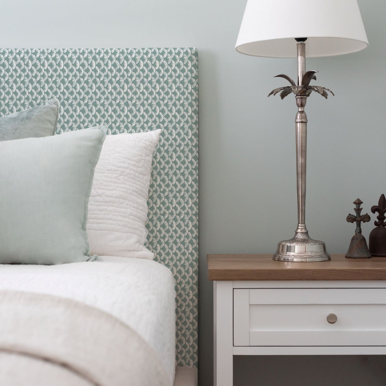Custom Bedhead - Double Bedroom Furniture Beachwood Designs Upholstered Walter G - Printed Linen Sensu Celadon
