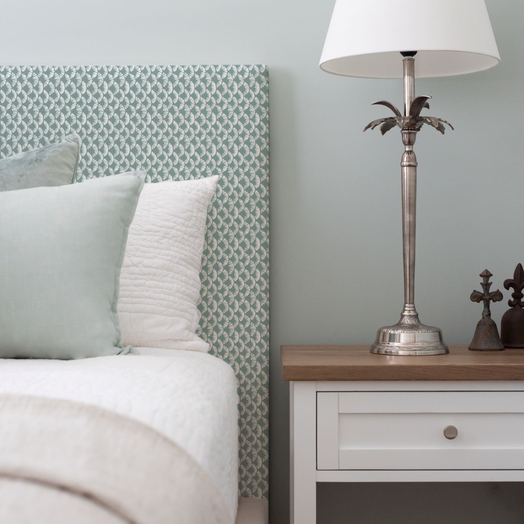 Custom Bedhead - Double Bedroom Furniture Beachwood Designs Upholstered Walter G - Printed Linen Sensu Celadon