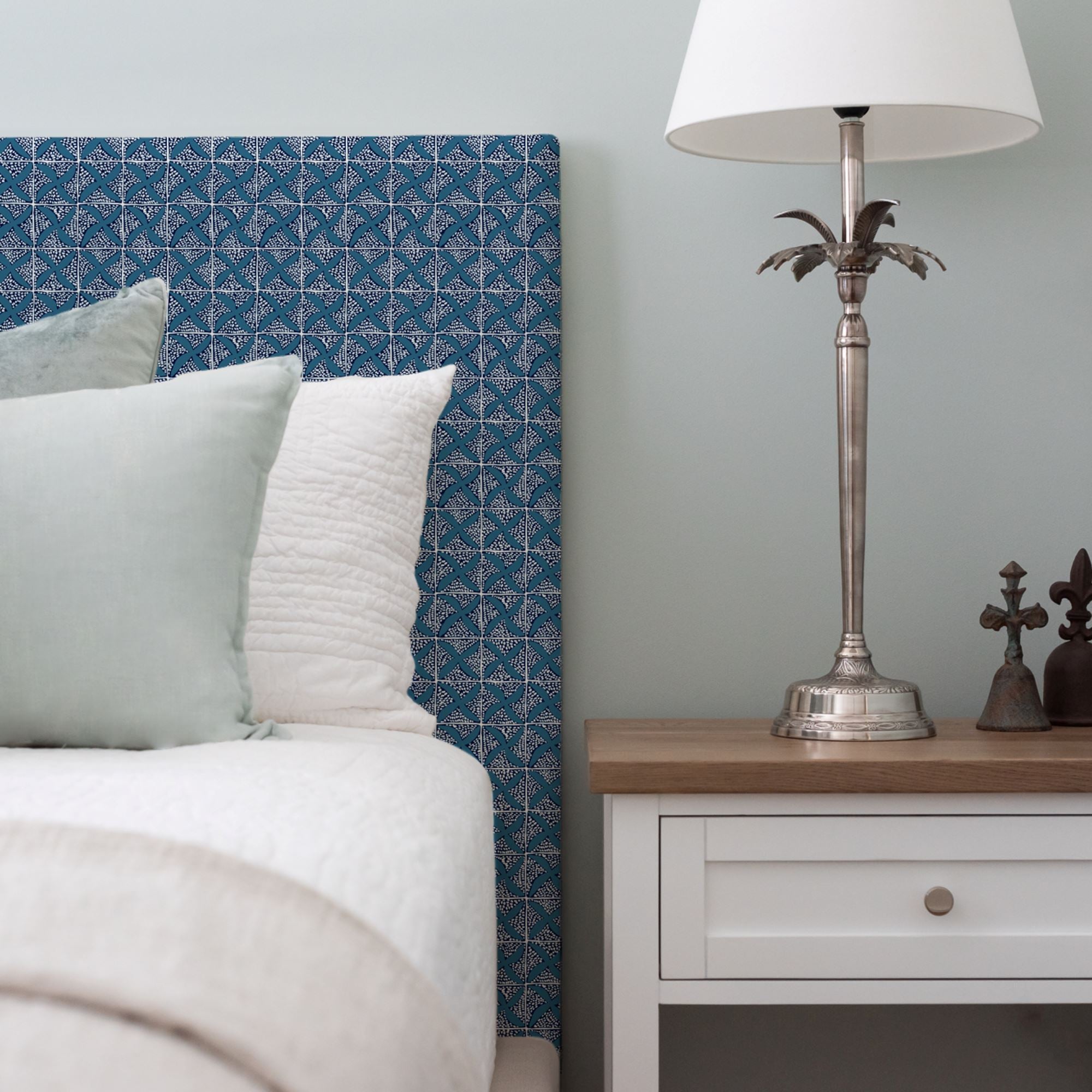 Custom Bedhead - Queen Bedroom Furniture Beachwood Designs Upholstered Walter G - Printed Linen Sedona Denim