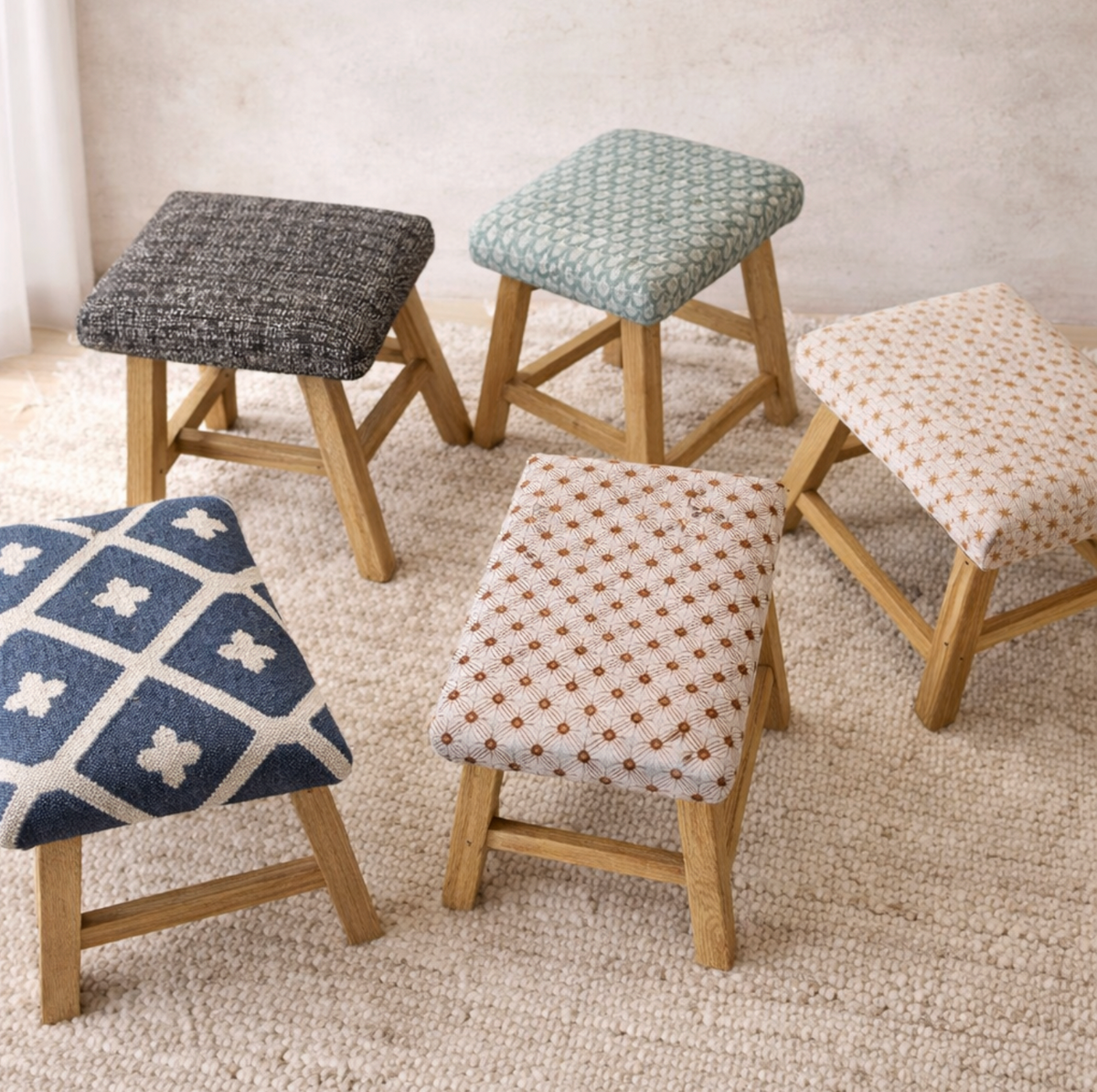 Upholstered Elm Stool - Limited Edition - Warm Stripes