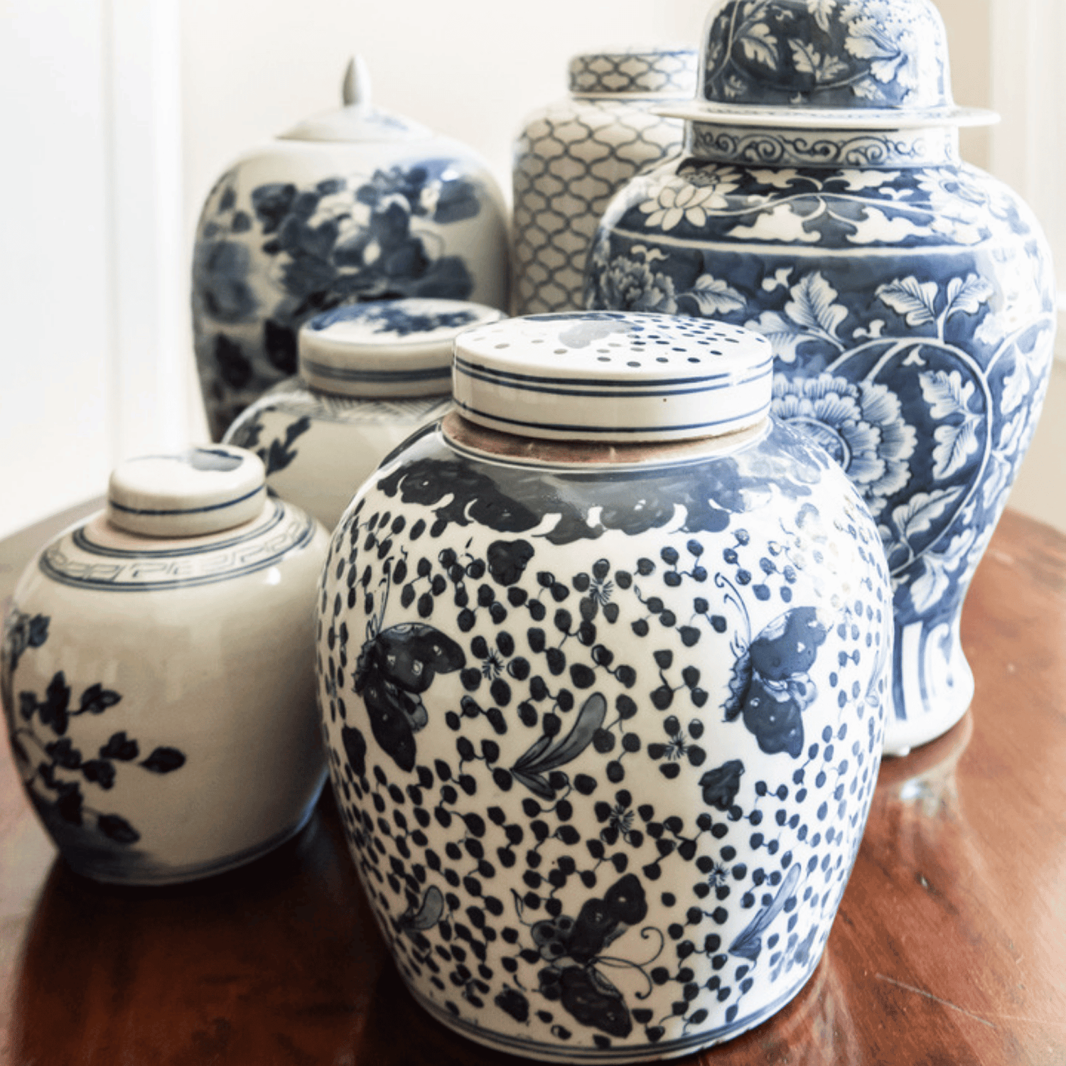 Blue &amp; White Ceramic Jar with Pointed Lid