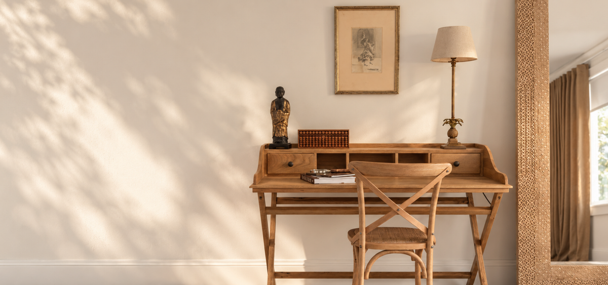 A warm-toned wooden writing desk with a matching wooden chair, styled in a minimalist room with a wall lamp, framed art, and soft leaf shadows.