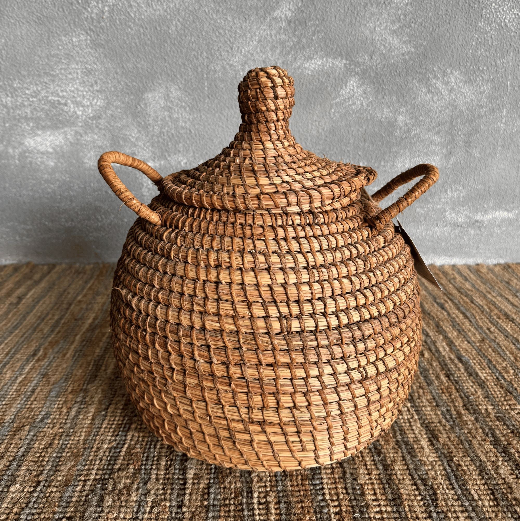 African Straw Basket with Lid Homewares Beachwood Designs 