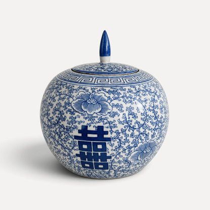 Blue &amp; White Ceramic Jar with Pointed Lid Beachwood Designs 