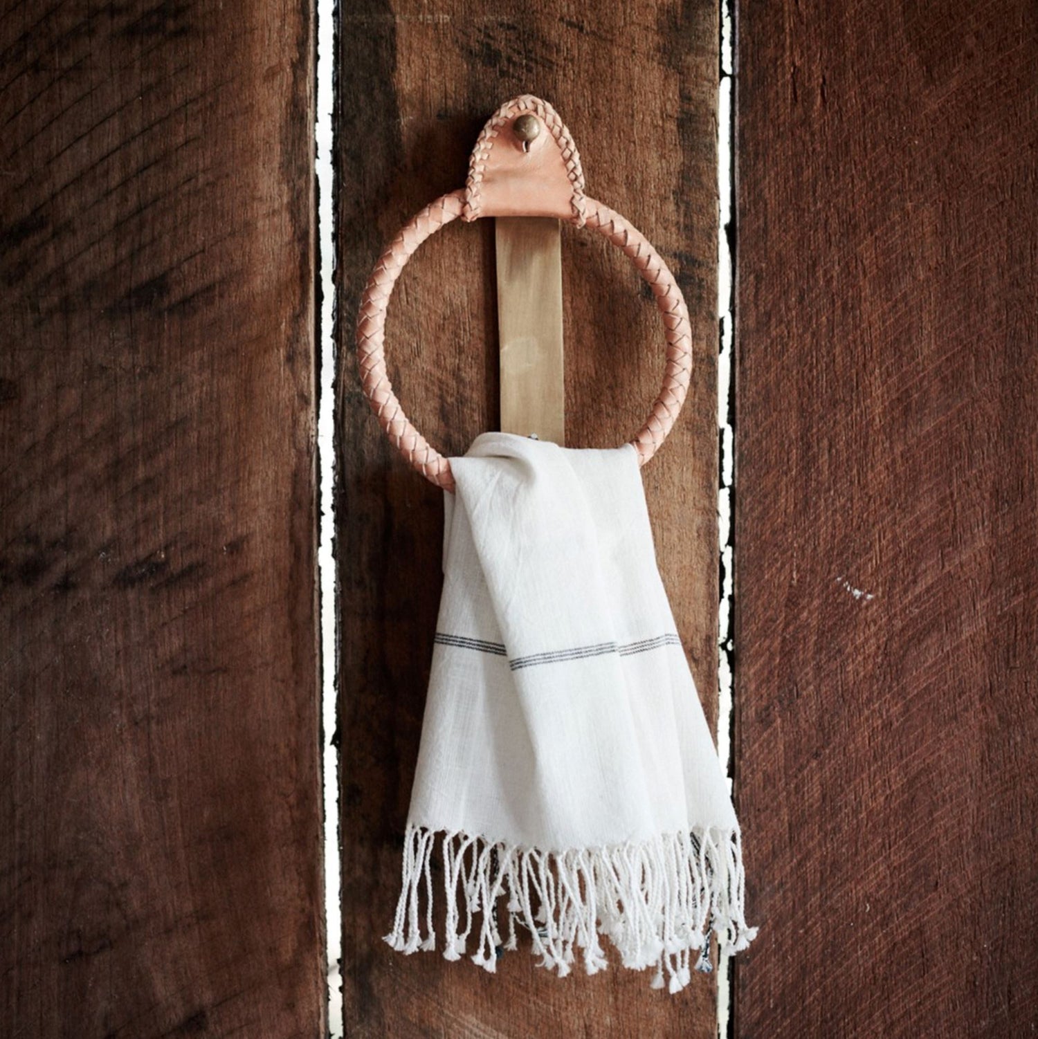 Bullo Brass &amp; Leather Towel Holder Homewares Beachwood Designs 