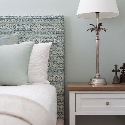 Custom Bedhead - Queen Bedroom Furniture Beachwood Designs Upholstered Walter G - Printed Linen Corfu Azure