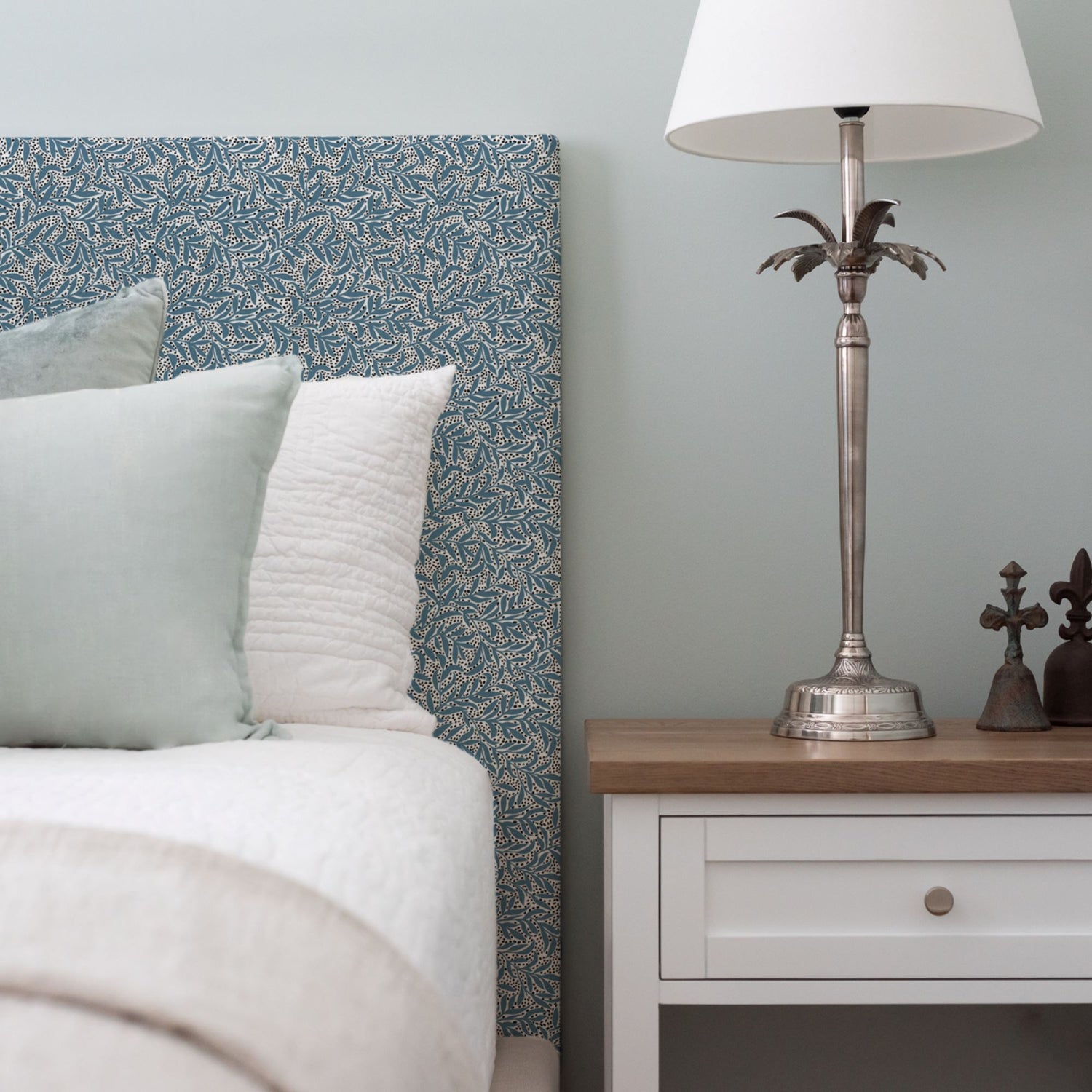 Custom Bedhead - Queen Bedroom Furniture Beachwood Designs Upholstered Walter G - Printed Linen Granada Denim