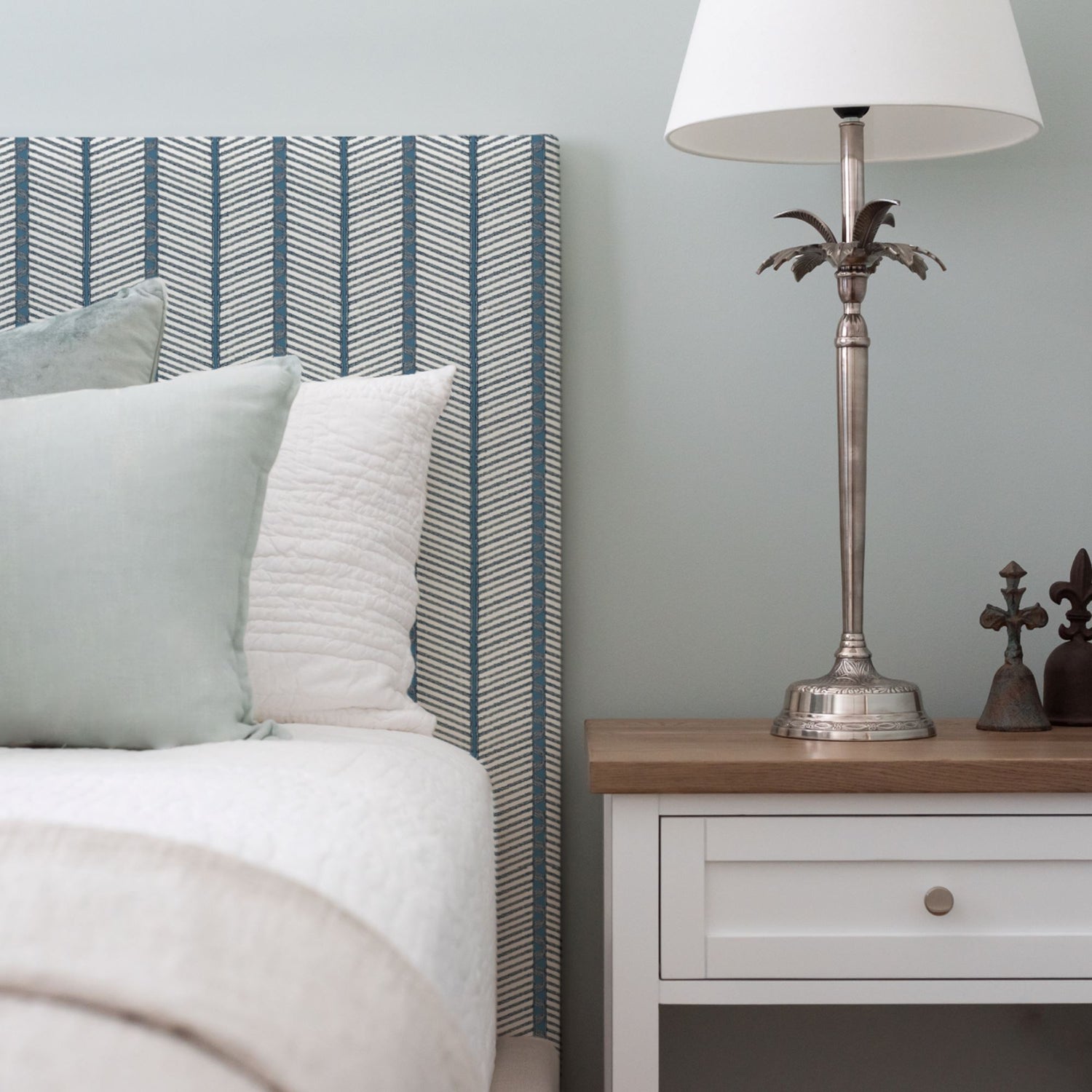 Custom Bedhead - Queen Bedroom Furniture Beachwood Designs Upholstered Walter G - Printed Linen Zanzibar Azure