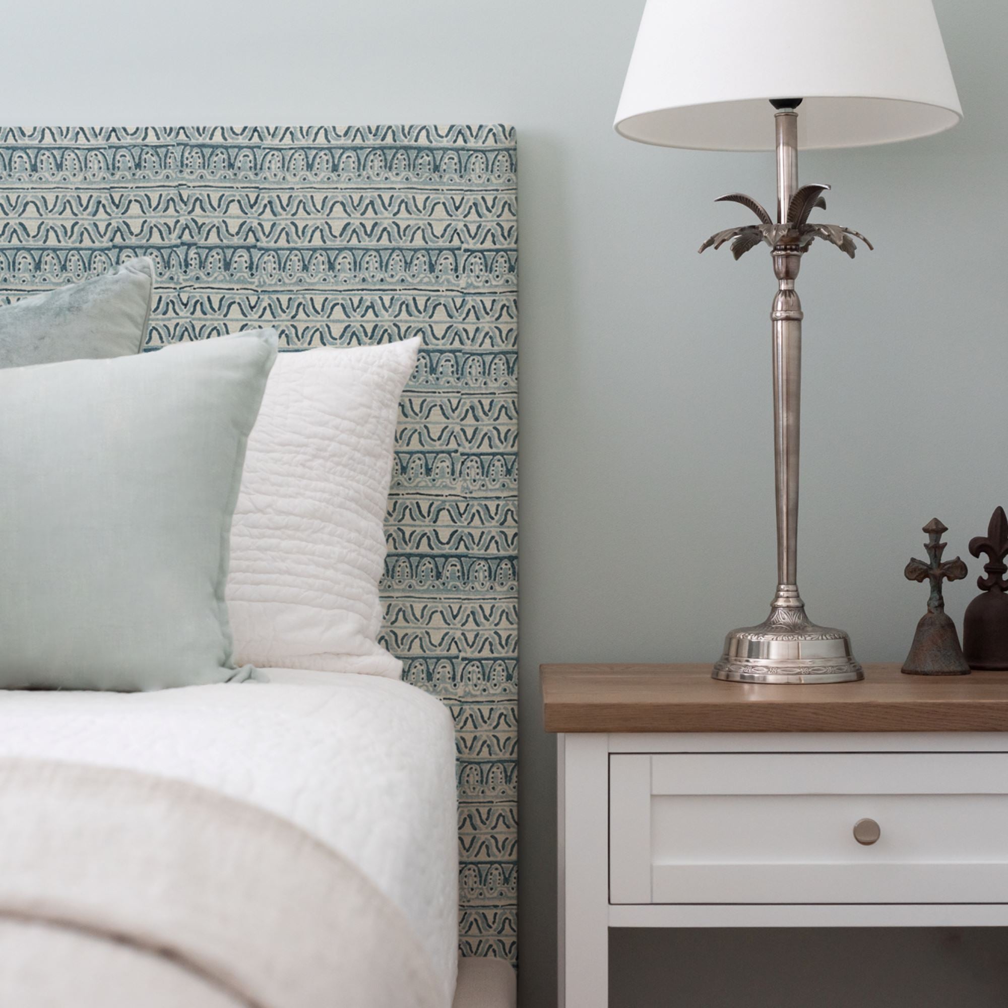 Custom Bedhead (test) - King Beachwood Designs Upholstered Walter G - Printed Linen Corfu Azure