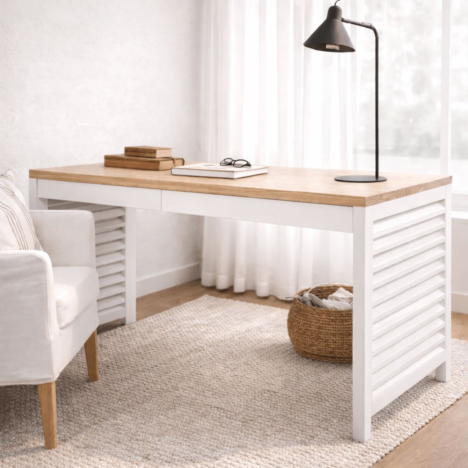 Louvred Desk L1500mm with 2 Drawers Office &amp; Storage Furniture Beachwood Designs White &amp; Limed Ash 