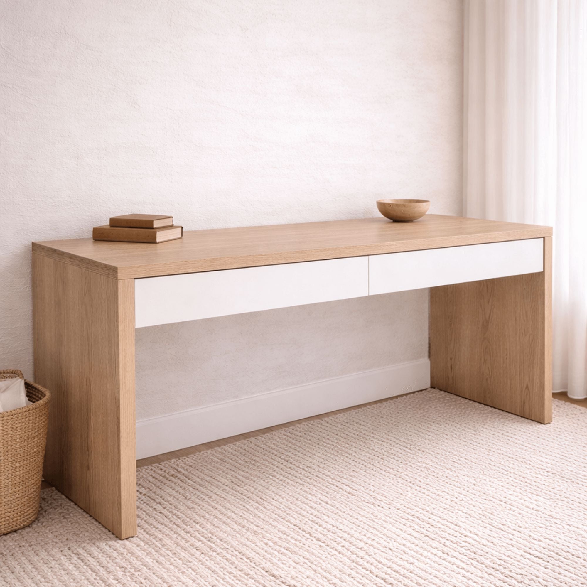 Modern Desk with 2 Drawers L1700mm Office &amp; Storage Furniture Beachwood Designs Limed Ash Frame White Drwrs 