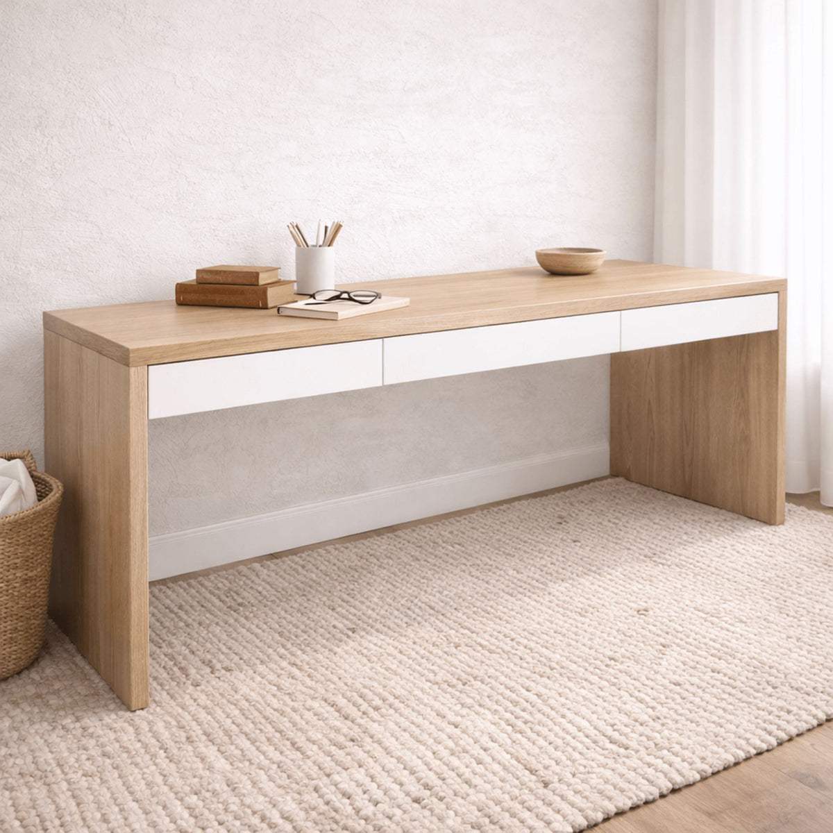Modern Desk with 3 Drawers L2000mm Office &amp; Storage Furniture Beachwood Designs Limed Ash Frame White Drwrs 