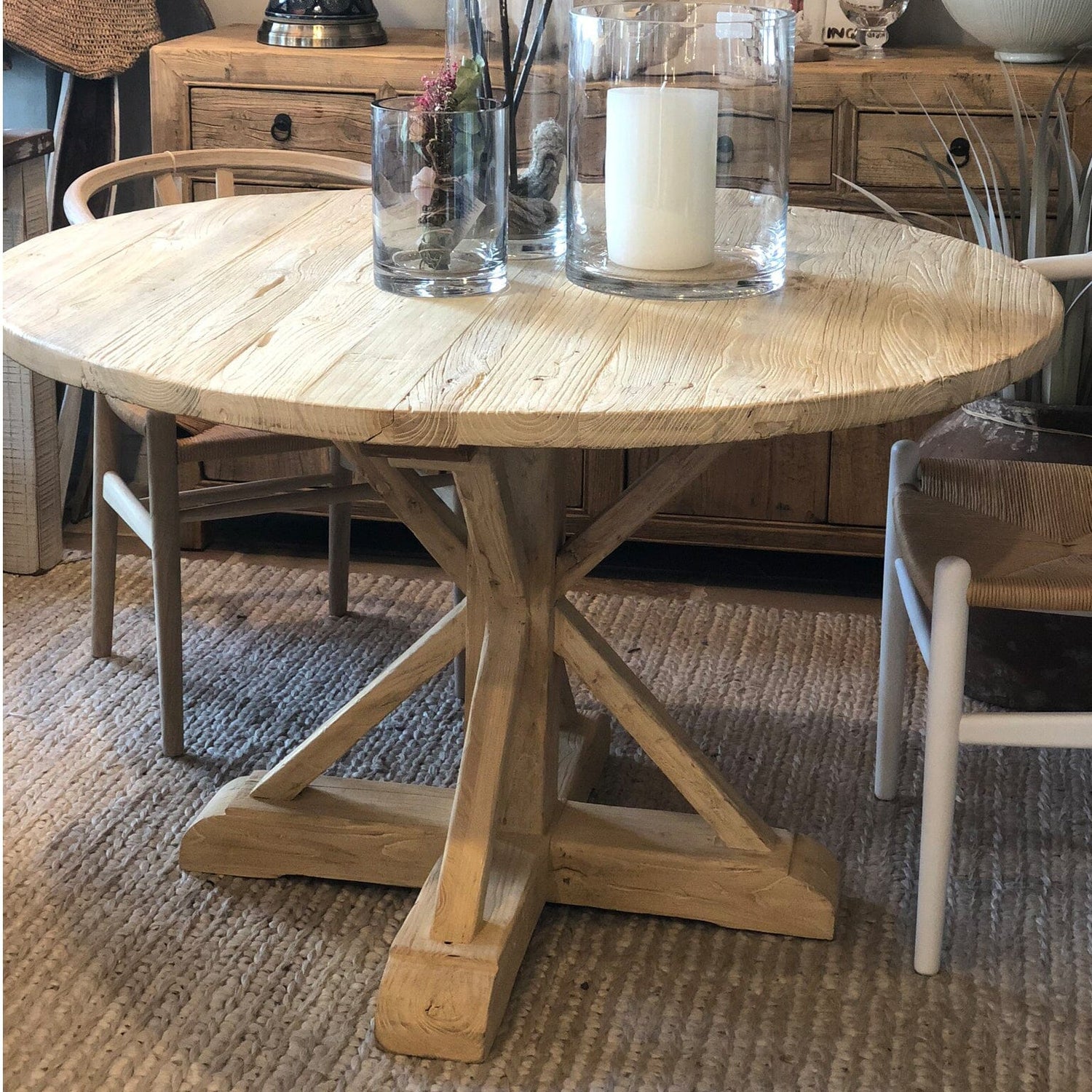 Round Elm X-Base Dining Table D1200mm - Natural Dining Furniture Beachwood Designs 