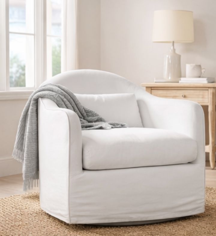 White Linen Swivel Chair Living Furniture Beachwood Designs 